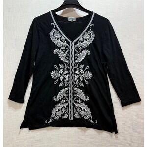 JM Collection Embroidered Top Women L Black White Floral V-Neck 3/4 Sleeve Boho